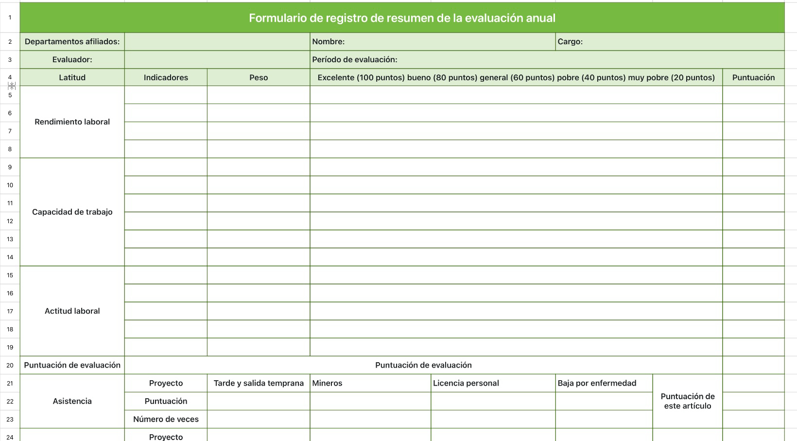 Formulario de registro de resumen de la evaluación anual